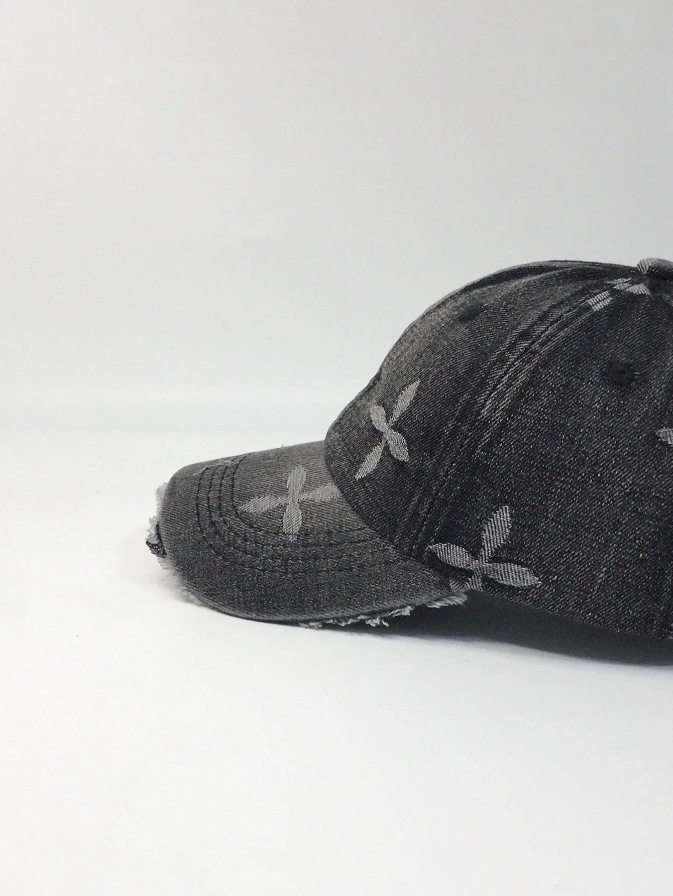 Cross Denim Baseball Cap With Jacquard Fringe, Vintage Distressed, Cropped Edge Cap For Men & Women