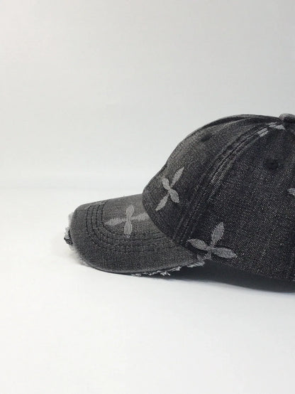 Cross Denim Baseball Cap With Jacquard Fringe, Vintage Distressed, Cropped Edge Cap For Men & Women