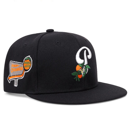 P Leaf Fruit Embroidered Flat Brim Snapback Cap
