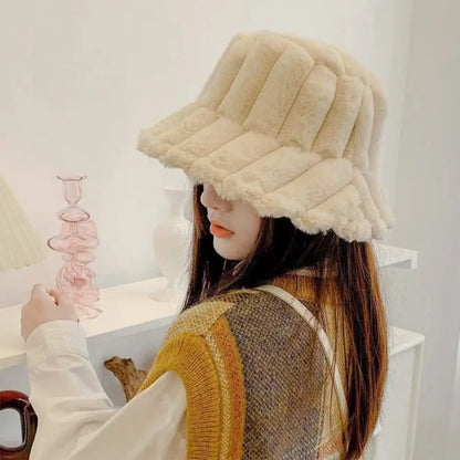 Women Faux Fur Winter Panama Fisherman Bucket Hat
