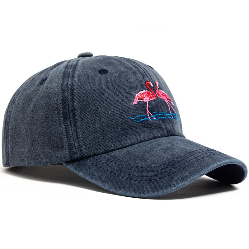 Flamingo Embroidered Washed Cotton Baseball Cap