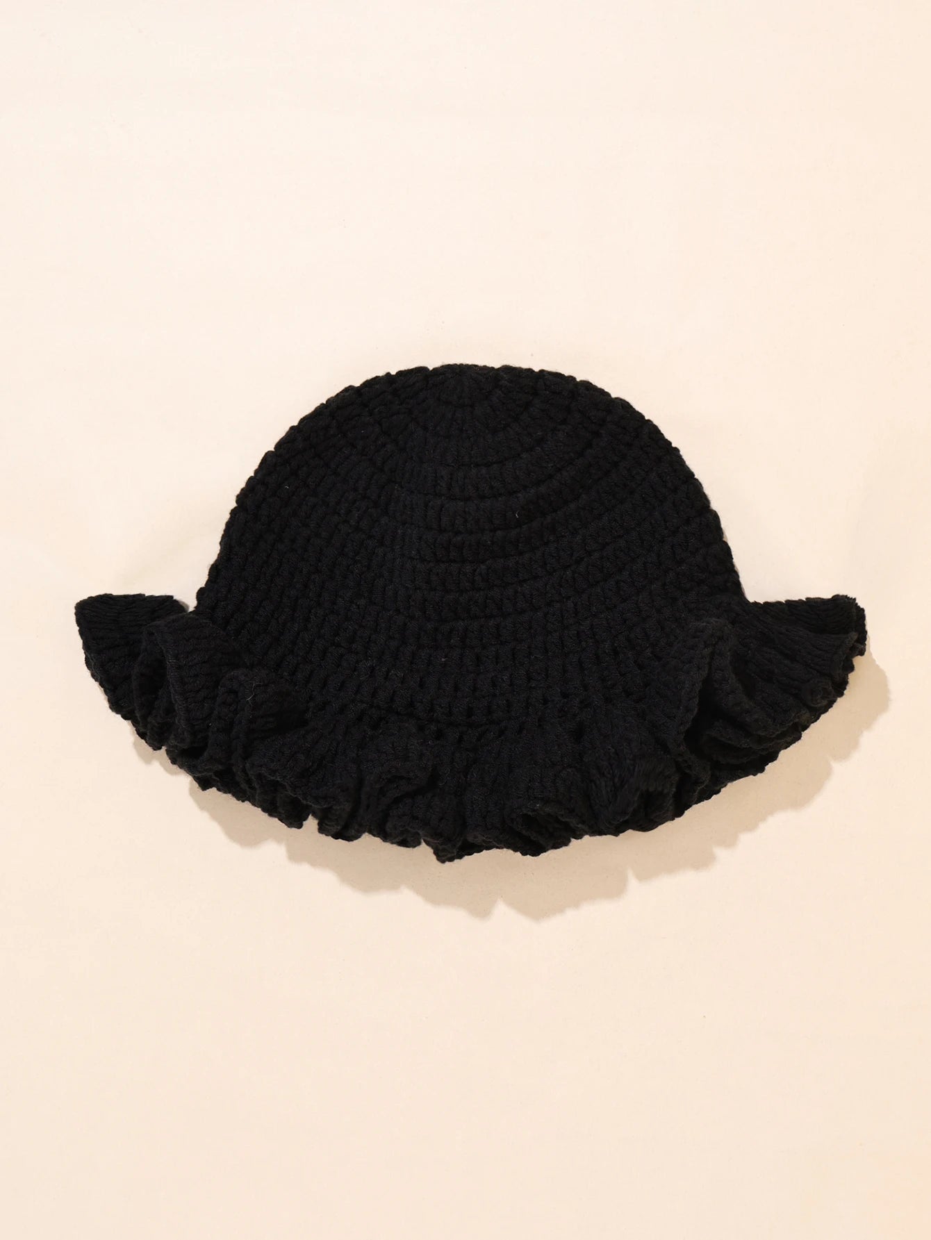 Women Vintage Crochet Black Ruffled Bucket Hat
