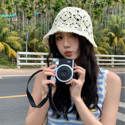 Women Beige Crochet Hollow Knit Bucket Hat