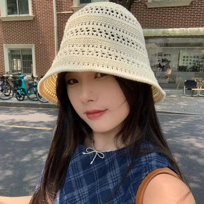 Hollow Knitted Straw Crochet Bucket Hat