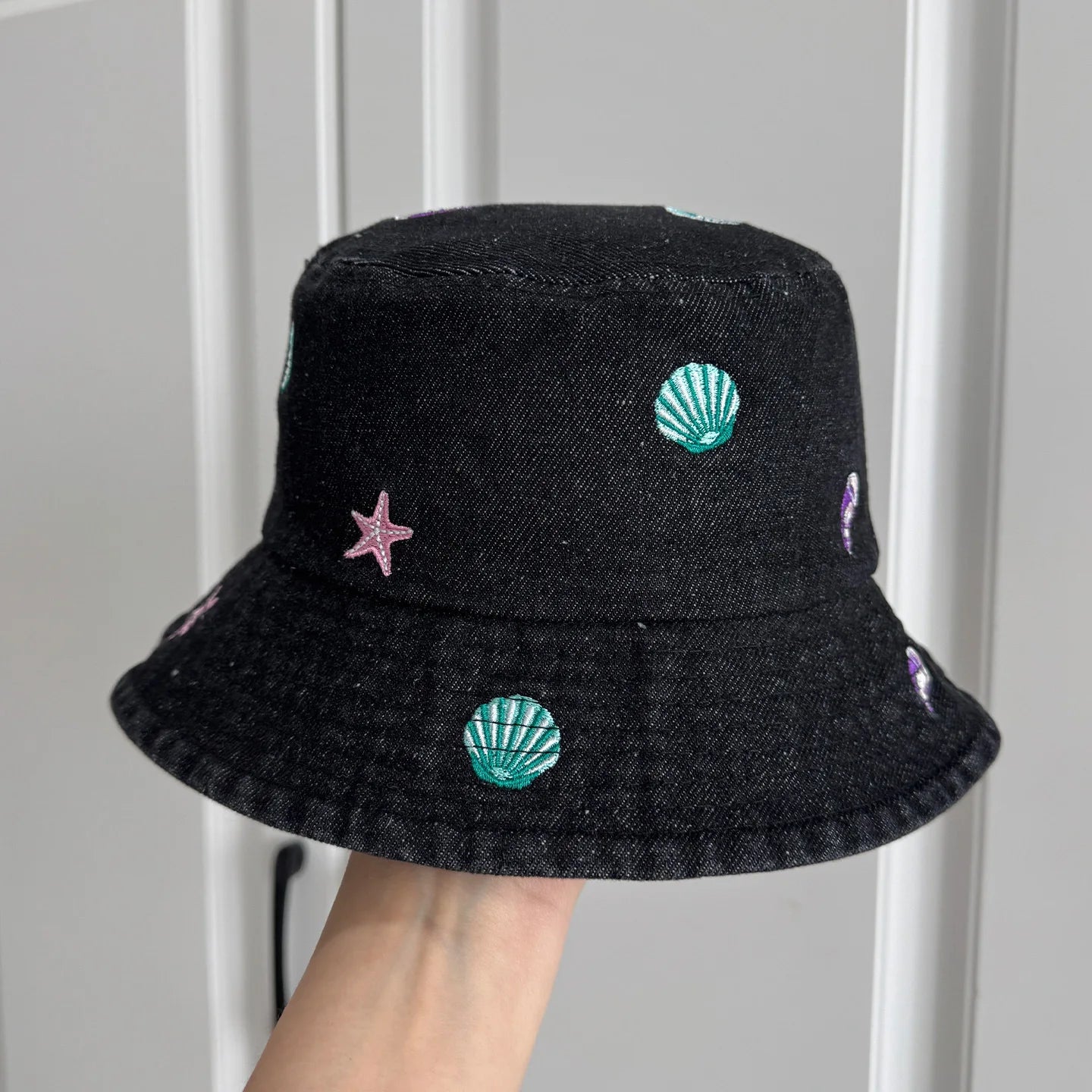 Sea Shell Embroidered Denim Bucket Hat
