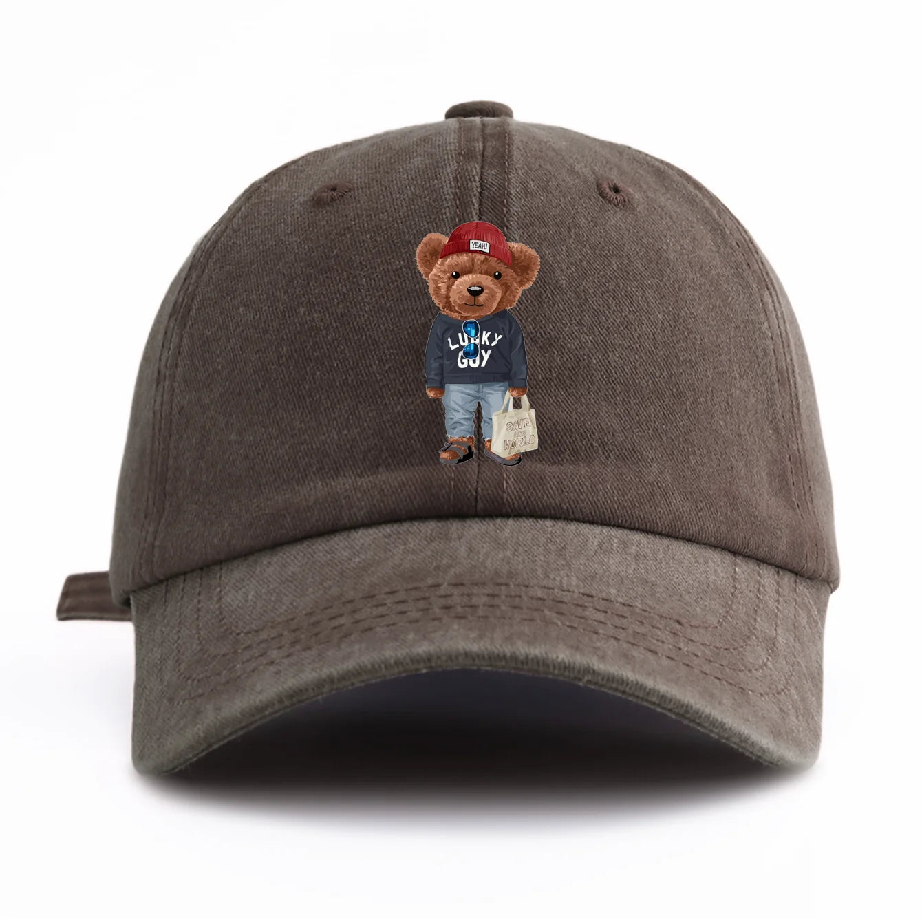1pc Tote Bag Bear Print Washed Baseball Cap For Adults Minimalist Retro Style Casual Soft Adjustable Dad Hat Perfect As Gift