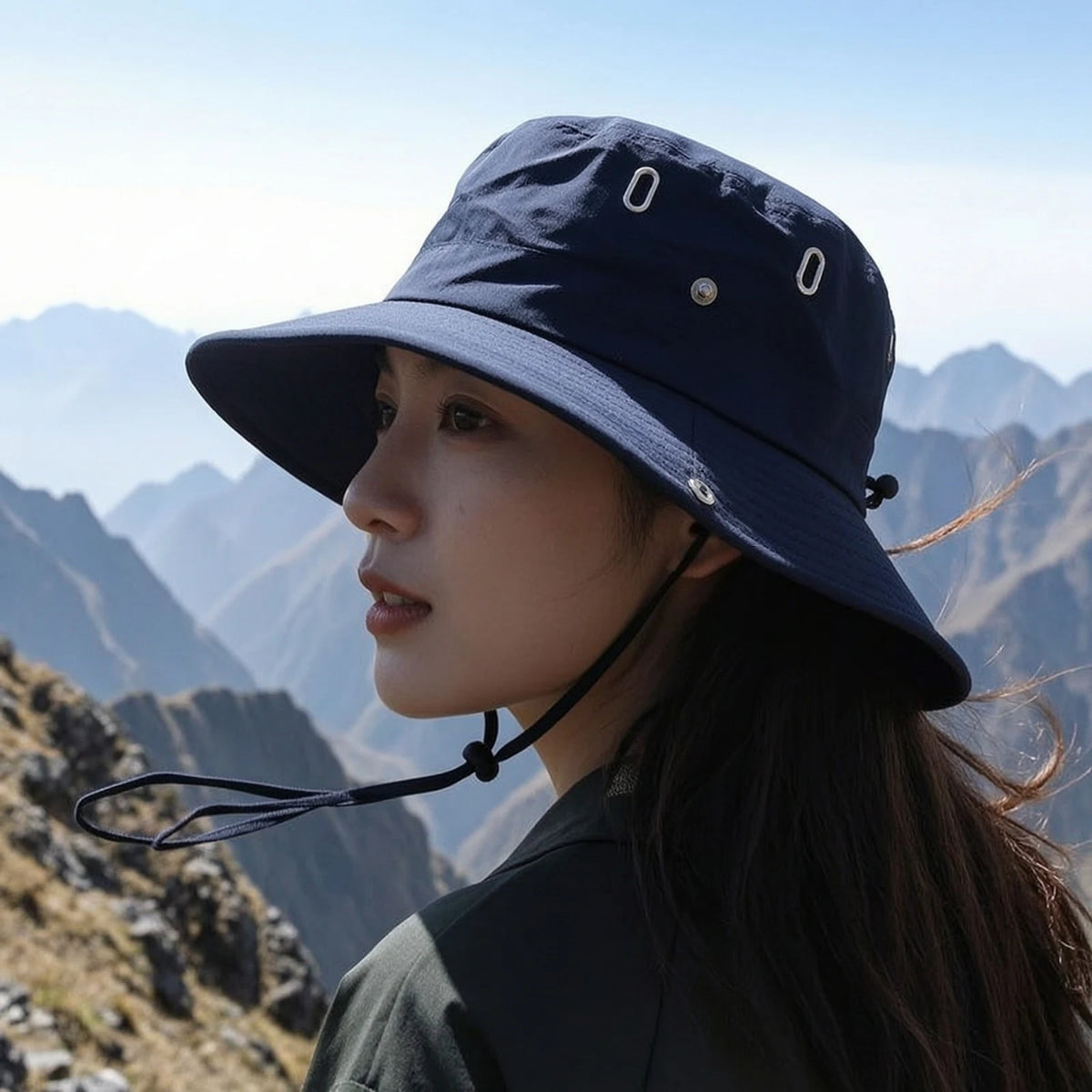 Breathable Wide Brim Bucket Hat With Chin Strap