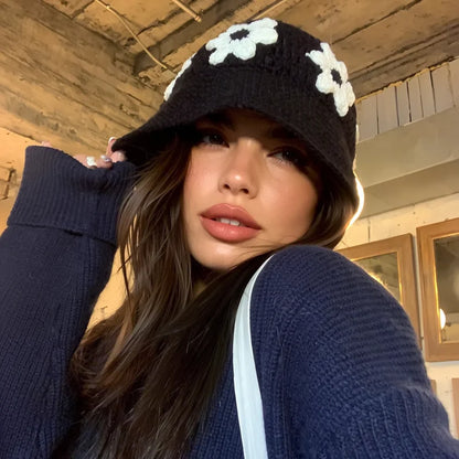 Women Floral Crochet Knitted Bucket Hat