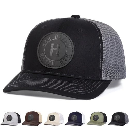 H Round Leather Patch Adjustable Mesh  Snapback Cap