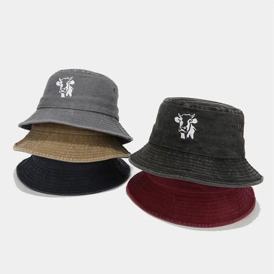 Animal Embroidered Cotton Bucket Hat Outdoor Travel Cap