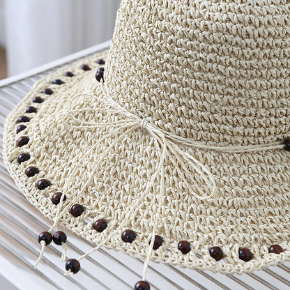 1pc French Retro Black Beaded Design Straw Bucket Hats