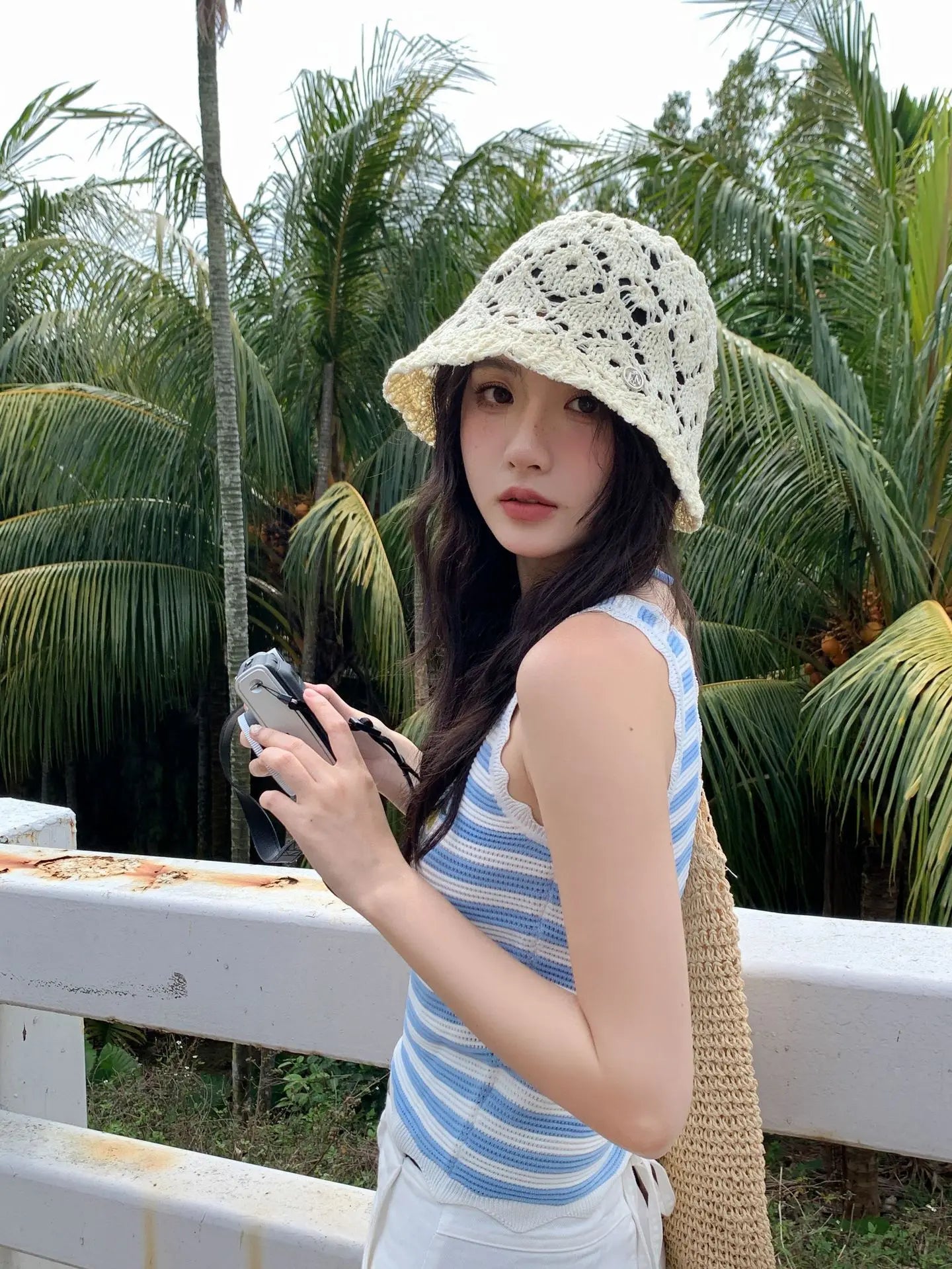 Women Beige Crochet Hollow Knit Bucket Hat