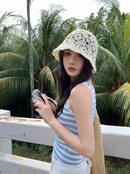 Women Beige Crochet Hollow Knit Bucket Hat