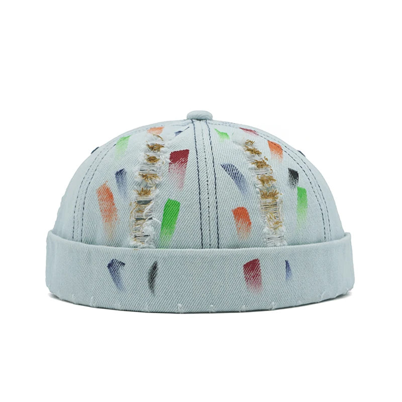Tear Broken Denim Docker Cap Colorful Brimless Caps