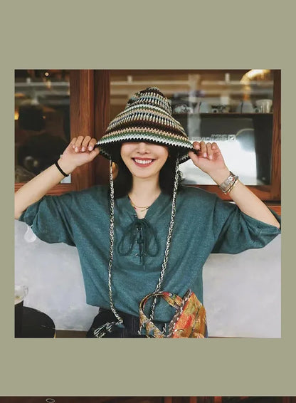 Women Striped Crochet Braided Bucket Hat