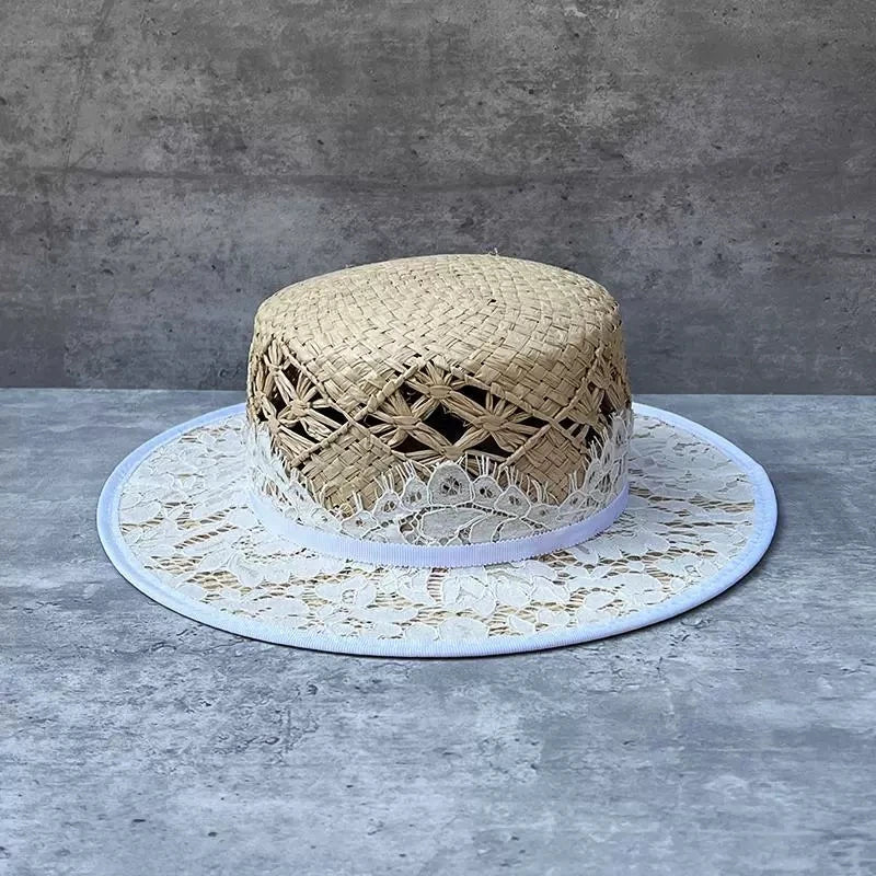 Woven Raffia Flat Top Hat Travel Sun Protection Shade Straw Hats Size 56-58cm