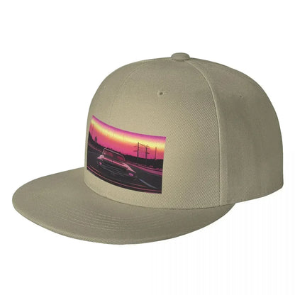 Retro Synthwave Muscle Car Sunset Snapback Cap