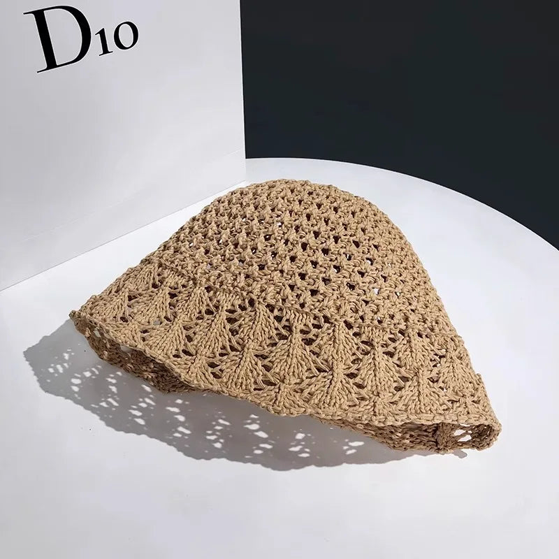 Women Breathable Crochet Straw Sun Bucket Hat