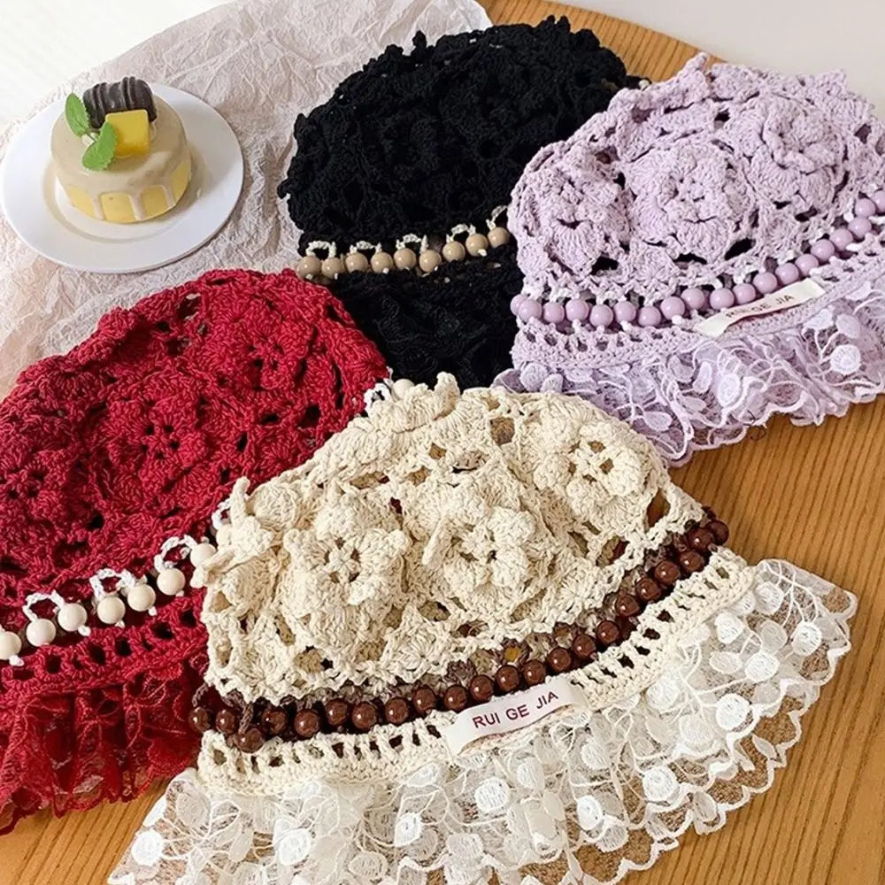 Retro Beaded Crochet Ruffle Bucket Hat