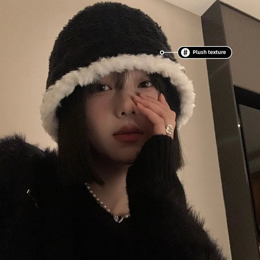 Black Plush Bucket Hat For Women Autumn And Winter