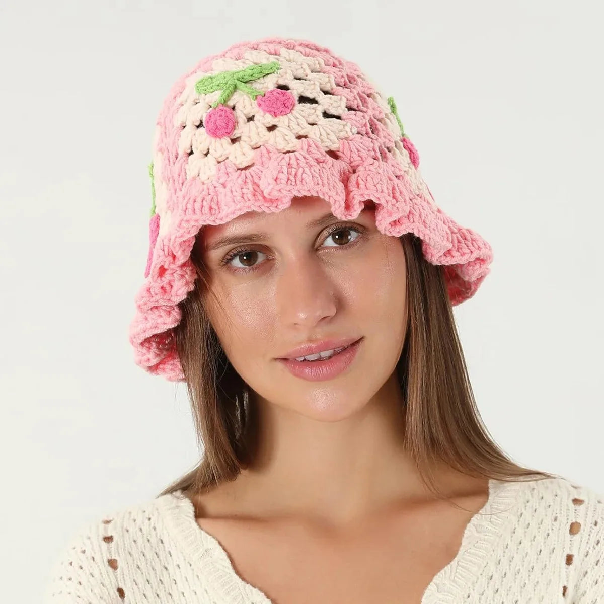 Women's Cherry Floral Crochet Bucket Hat