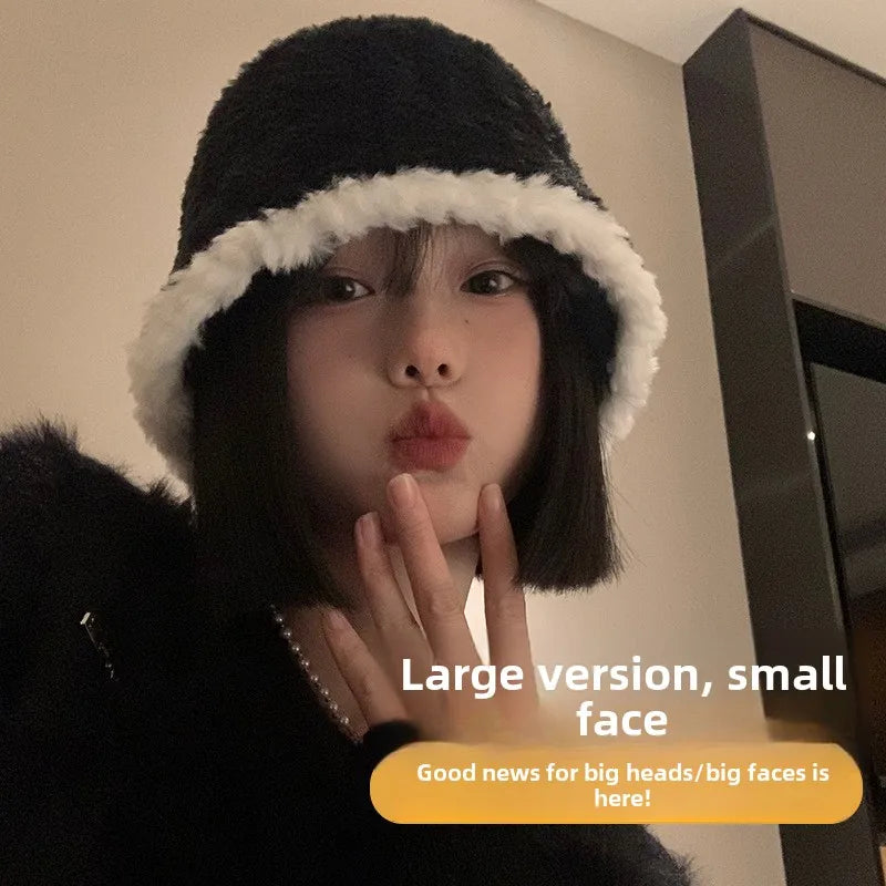 Black Plush Bucket Hat For Women Autumn And Winter