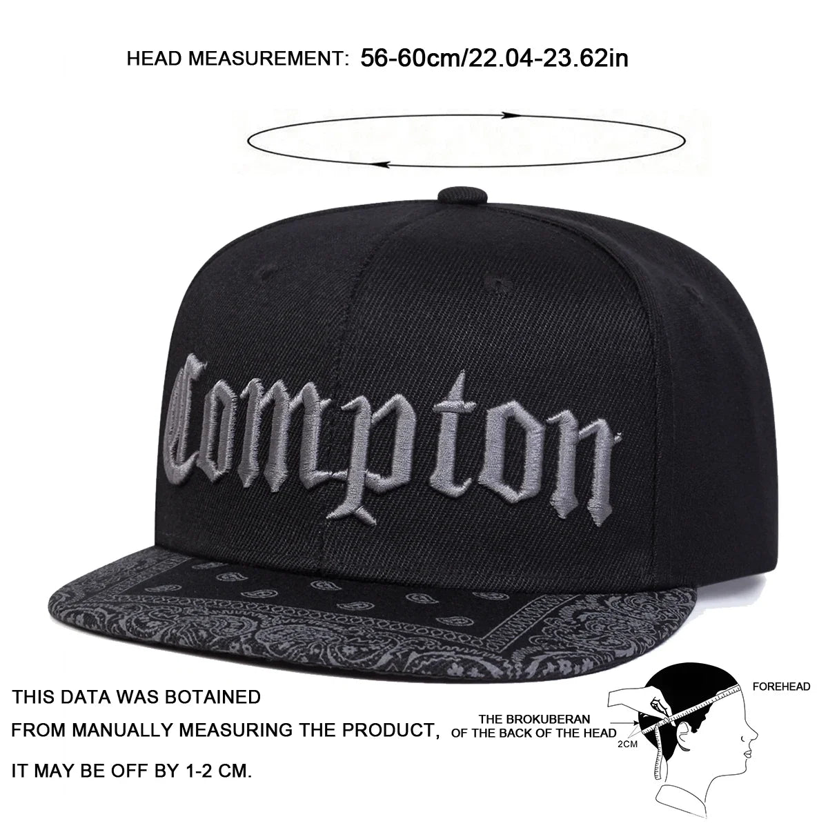 Compton Letter Embroidered Flat Brim Snapback Cap