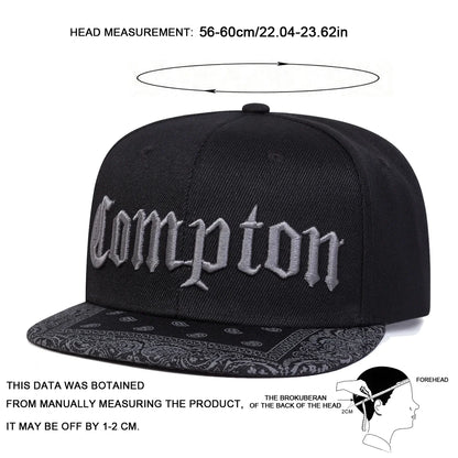 Compton Letter Embroidered Flat Brim Snapback Cap