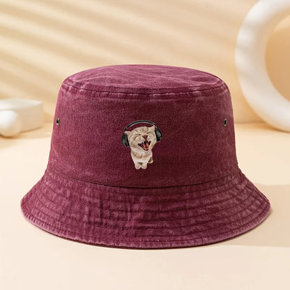 Earphone Cat Print Bucket Hat