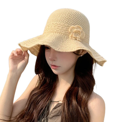 Women Elegant Flower Knitted Wide Brim Bucket Hat