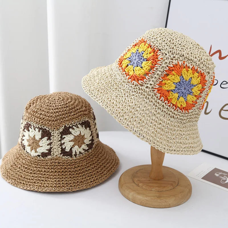 Women Foldable Straw Crochet Flower Bucket Hat