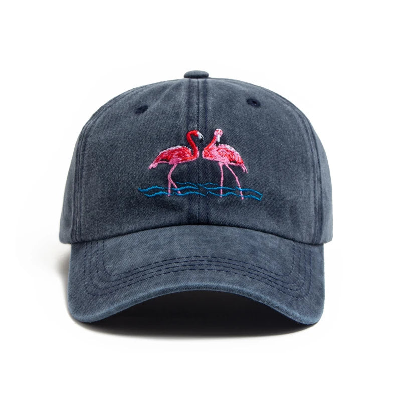 Flamingo Embroidered Washed Cotton Baseball Cap