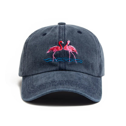 Flamingo Embroidered Washed Cotton Baseball Cap