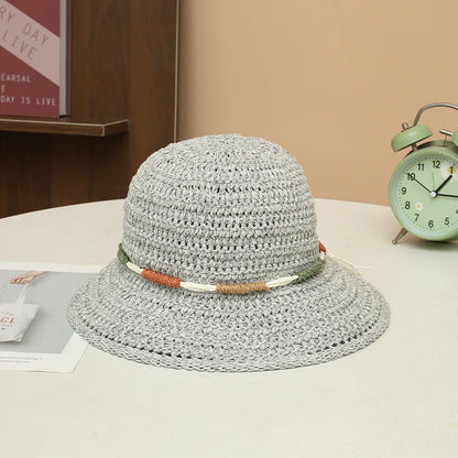 Women Wide Brim Crochet Straw Bucket Hat