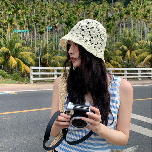 Women Beige Crochet Hollow Knit Bucket Hat