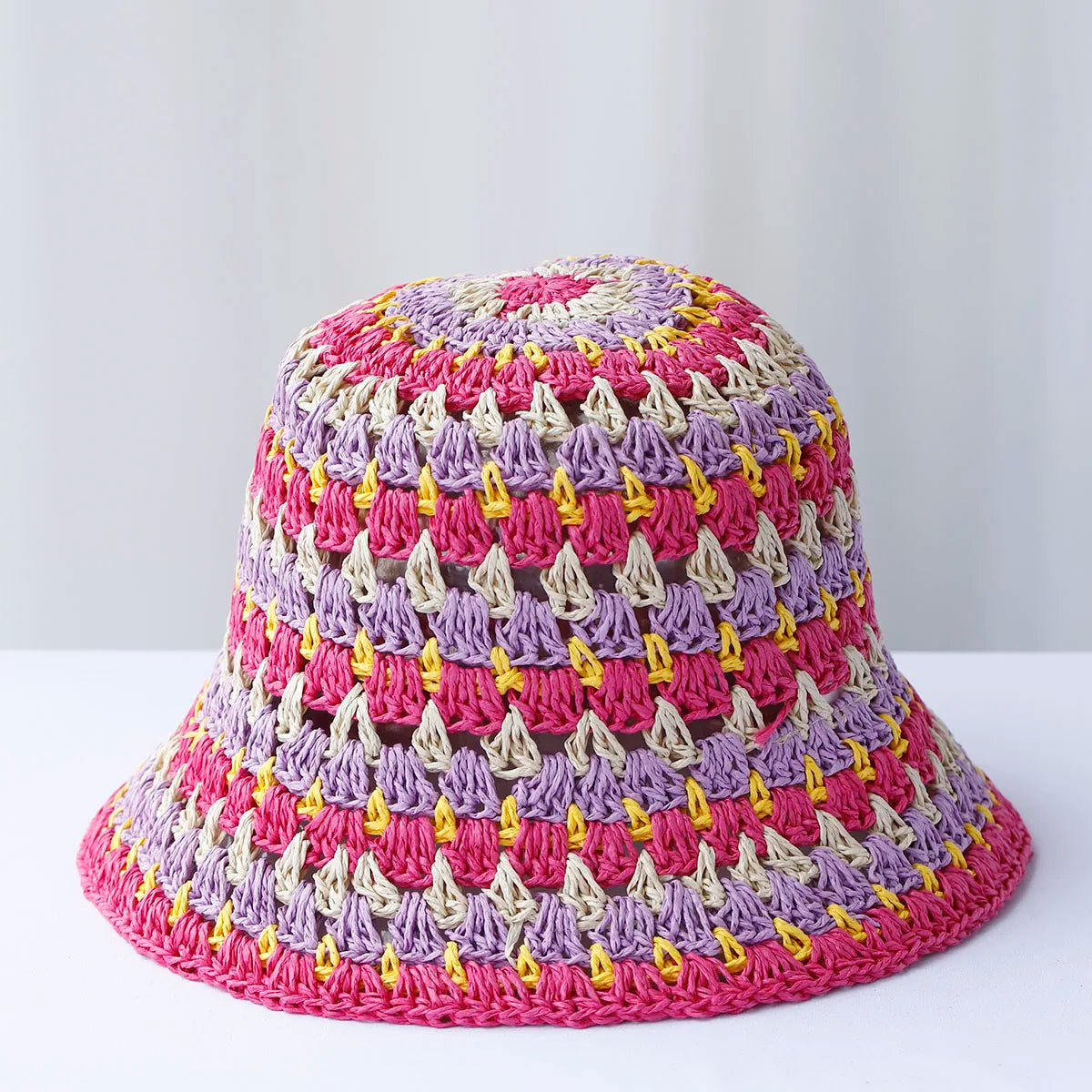 Multicolor Crochet Foldable Straw Bucket Hat