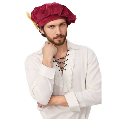 Quality Medieval Unisex Beret Hat With Feather Suede Tudor Hat