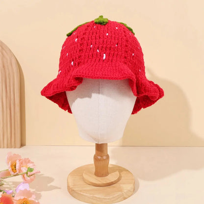 Women Strawberry Crochet Ruffle Fisherman Bucket Hat