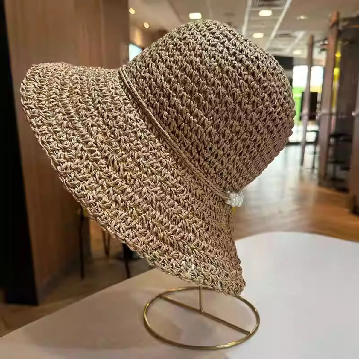 Women Pearl Straw Crochet Foldable Bucket Hat