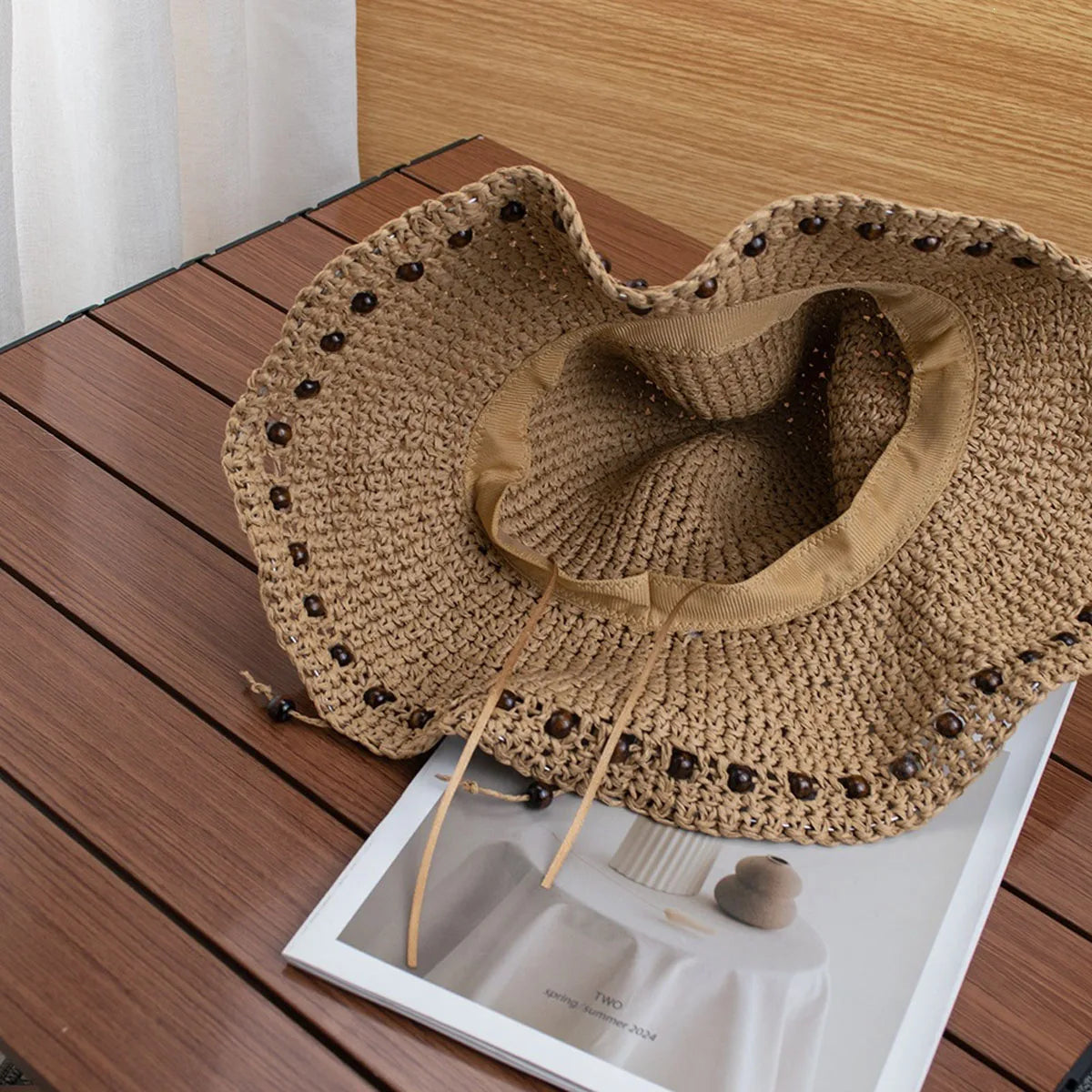 1pc French Retro Black Beaded Design Straw Bucket Hats