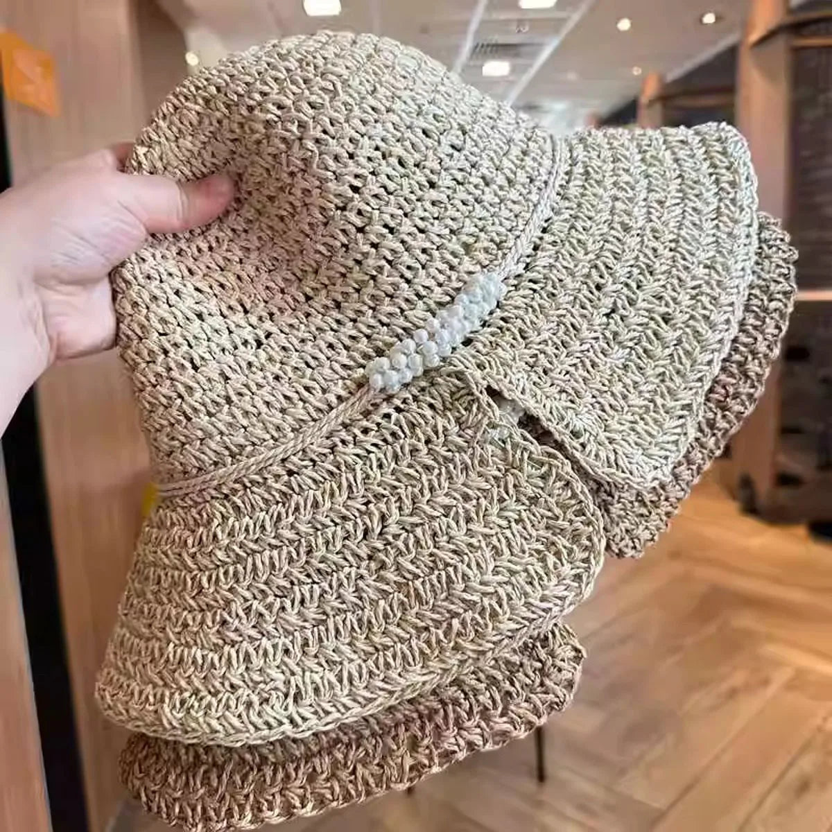 Women Pearl Straw Crochet Foldable Bucket Hat