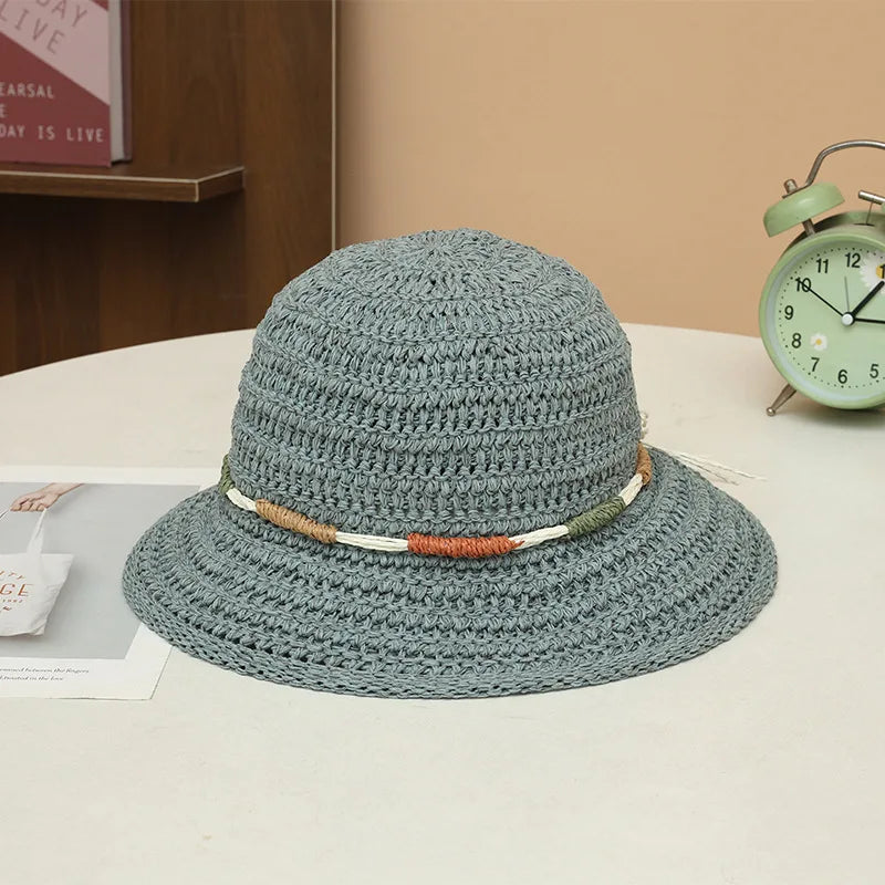 Women Wide Brim Crochet Straw Bucket Hat