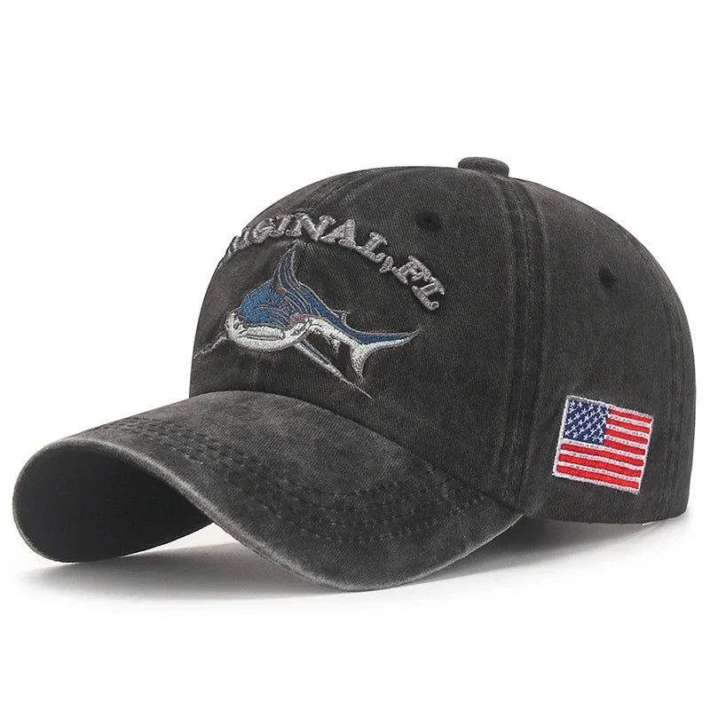 Popular Cartoon Washed Embroidered Shark Baseball Cap