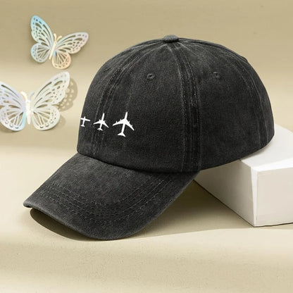 Retro Airplane Print Washed Baseball Cap Adjustable