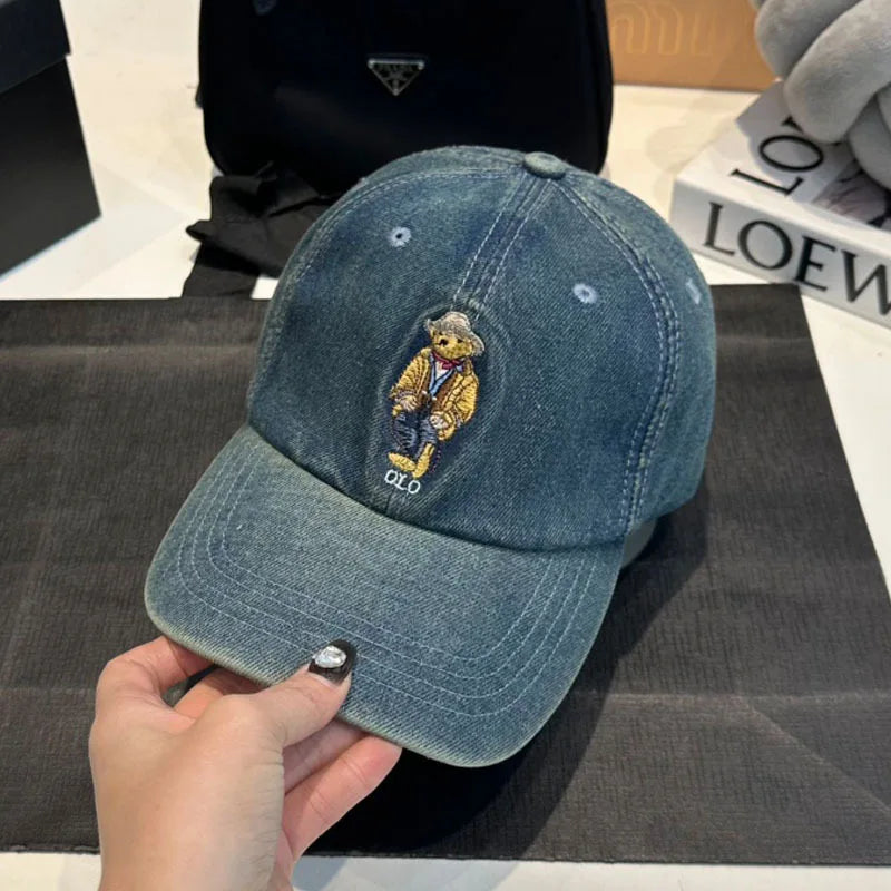 Hat Baseball Cap Washed Retro Versatile New Embroidered Bear Denim