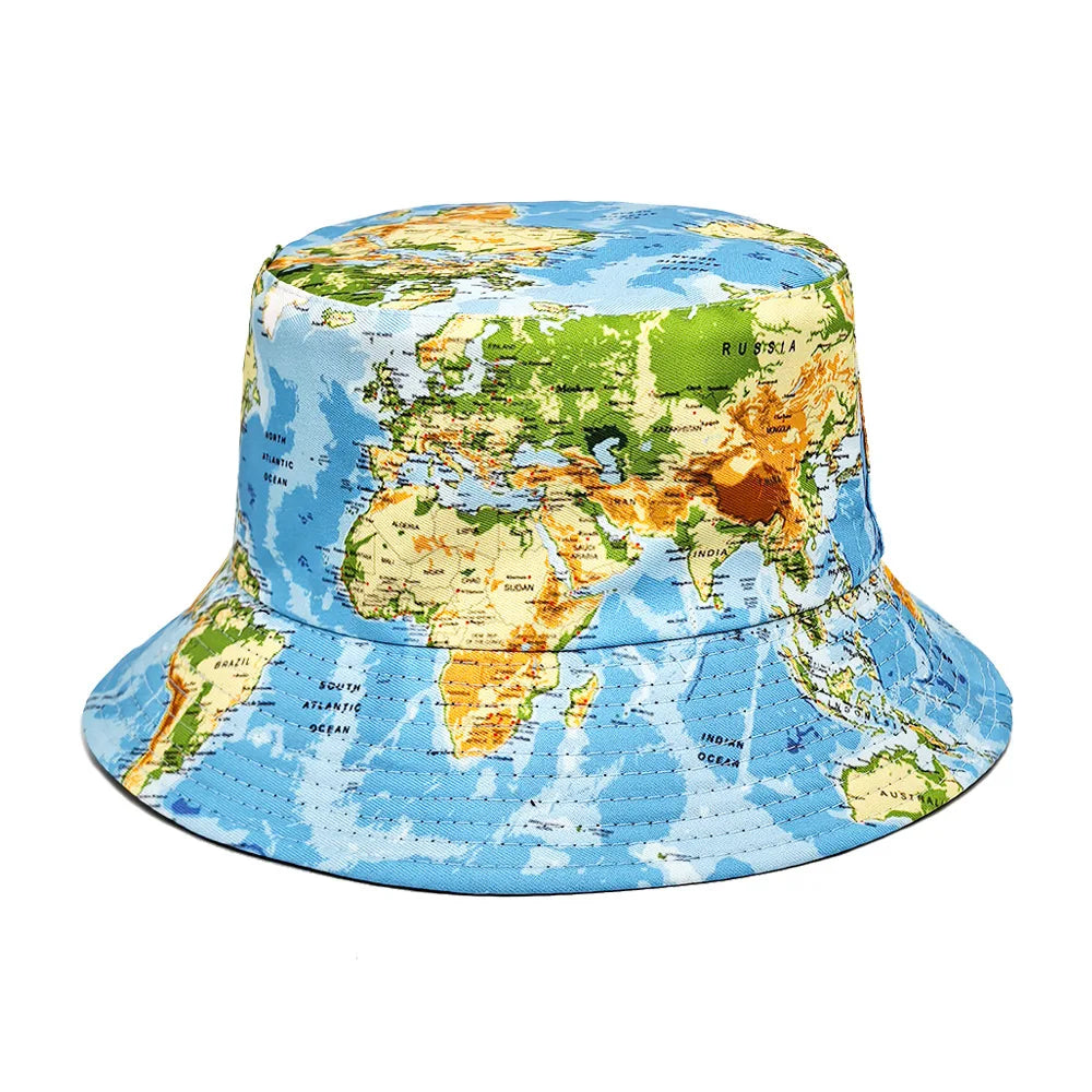 Reversible World Map Bucket Hat Men Women Double Sided