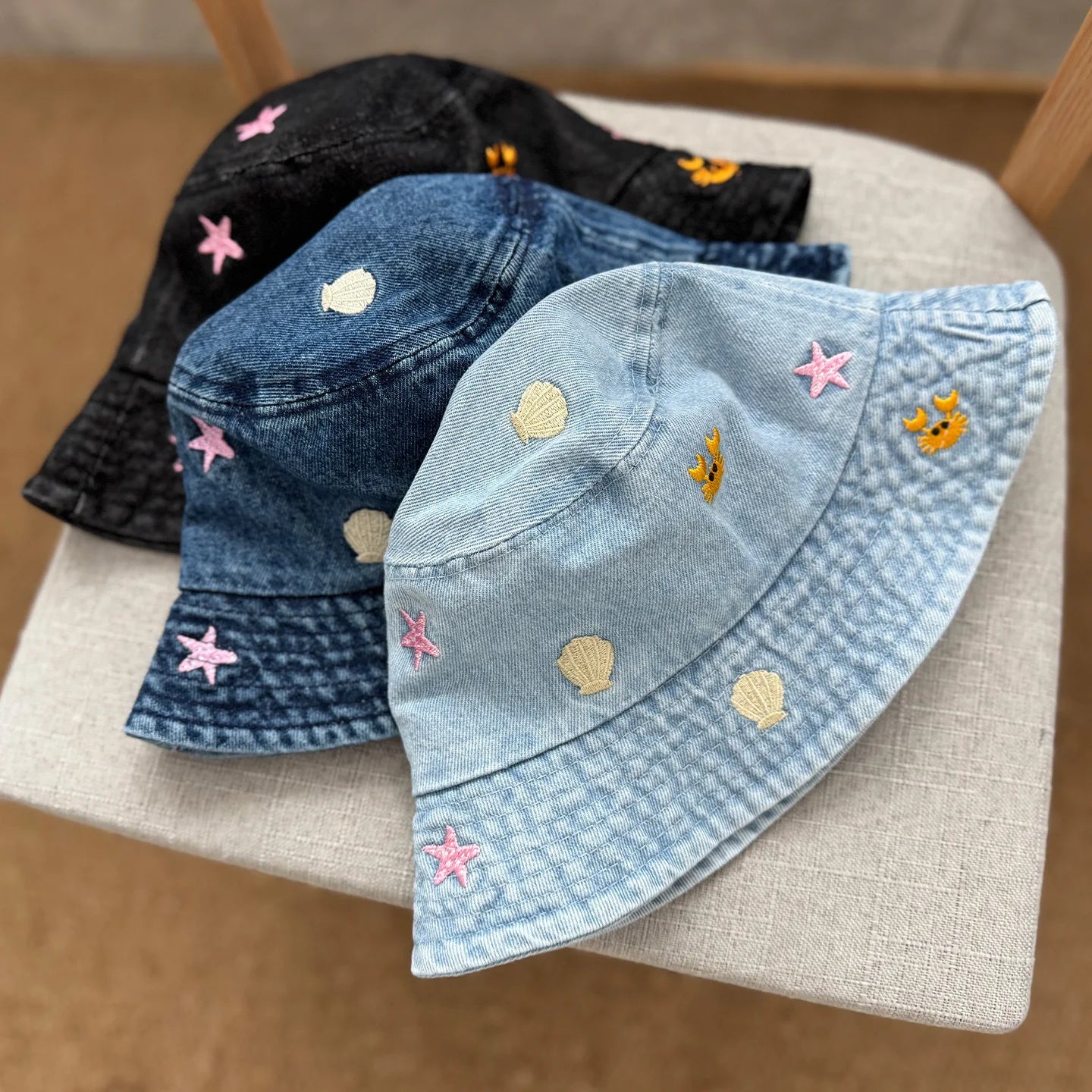 Sea Shell Embroidered Denim Bucket Hat
