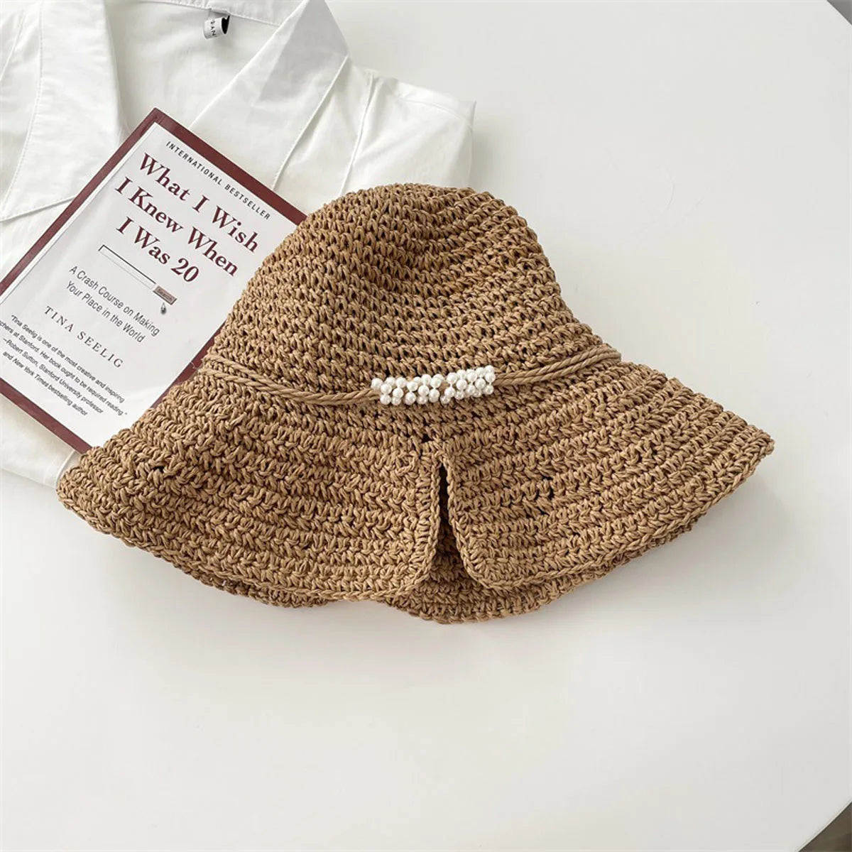 Women Pearl Straw Crochet Foldable Bucket Hat