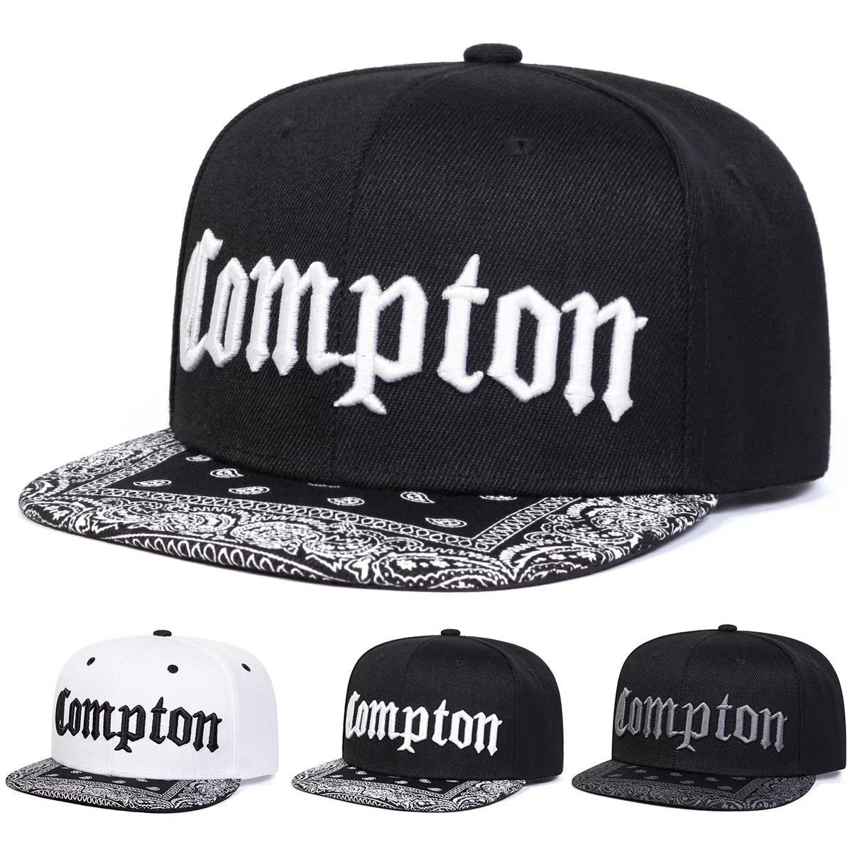 Compton Letter Embroidered Flat Brim Snapback Cap