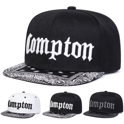 Compton Letter Embroidered Flat Brim Snapback Cap